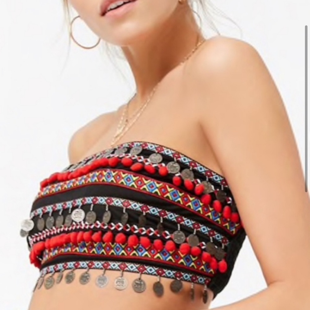 Forever 21 Embroidered Coin Tassel Tube Top